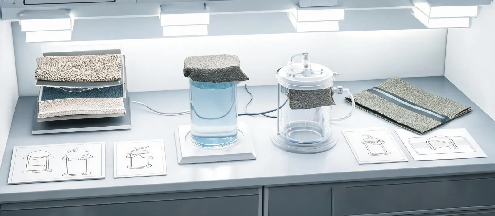 Layered waterproof breathable textile on a test bench